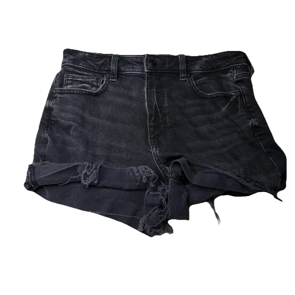 American Eagle Mom Shorts Denim Distressed Black Jean High Rise Stretch Size 4